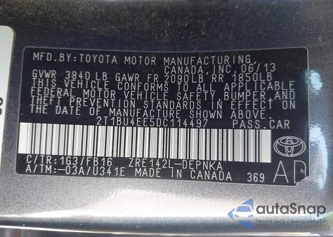 2013 Toyota Corolla Le z USA, uszkodzony, nr VIN 2T1BU4EE5DC114497